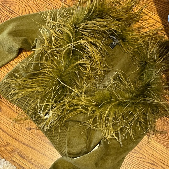 Vintage Betsy Johnson Cardigan with Marabou Feathers and a  Rhinestone Snap - Picture 4 of 8